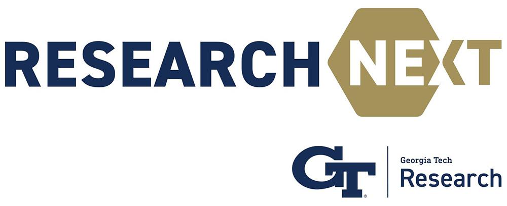 Navy blue and gold graphic with text "Research Next," "GT," and "Georgia Tech Research"